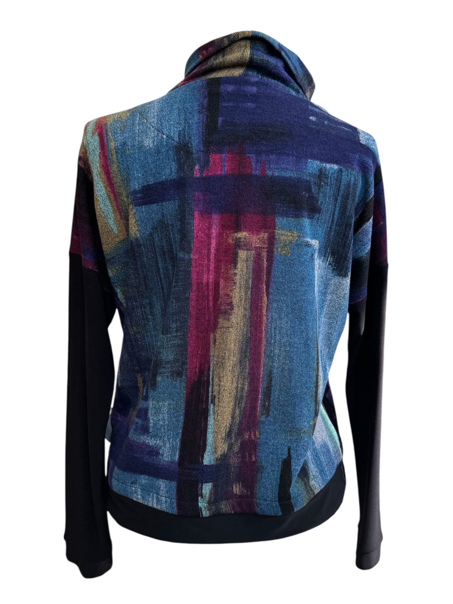 A back view of the Payton Top by Compli K in Blue and Berry Abstract print, with a cowl neck, drop sleeves, and drawstring waist, is shown on a mannequin in front of a white background.