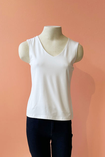 Enjoy Cami by Luc Fontaine, White, wide straps, V-neck, front has a double layer of fabric, slightly relaxed fit, sizes 4-16, made in Montreal 
