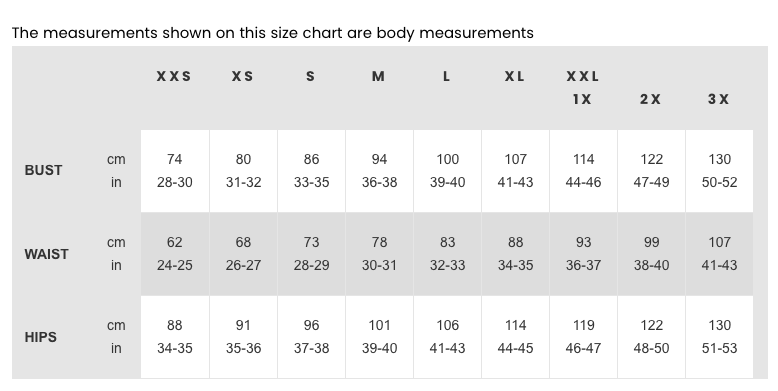 Message Factory Tops and Dresses Size Chart