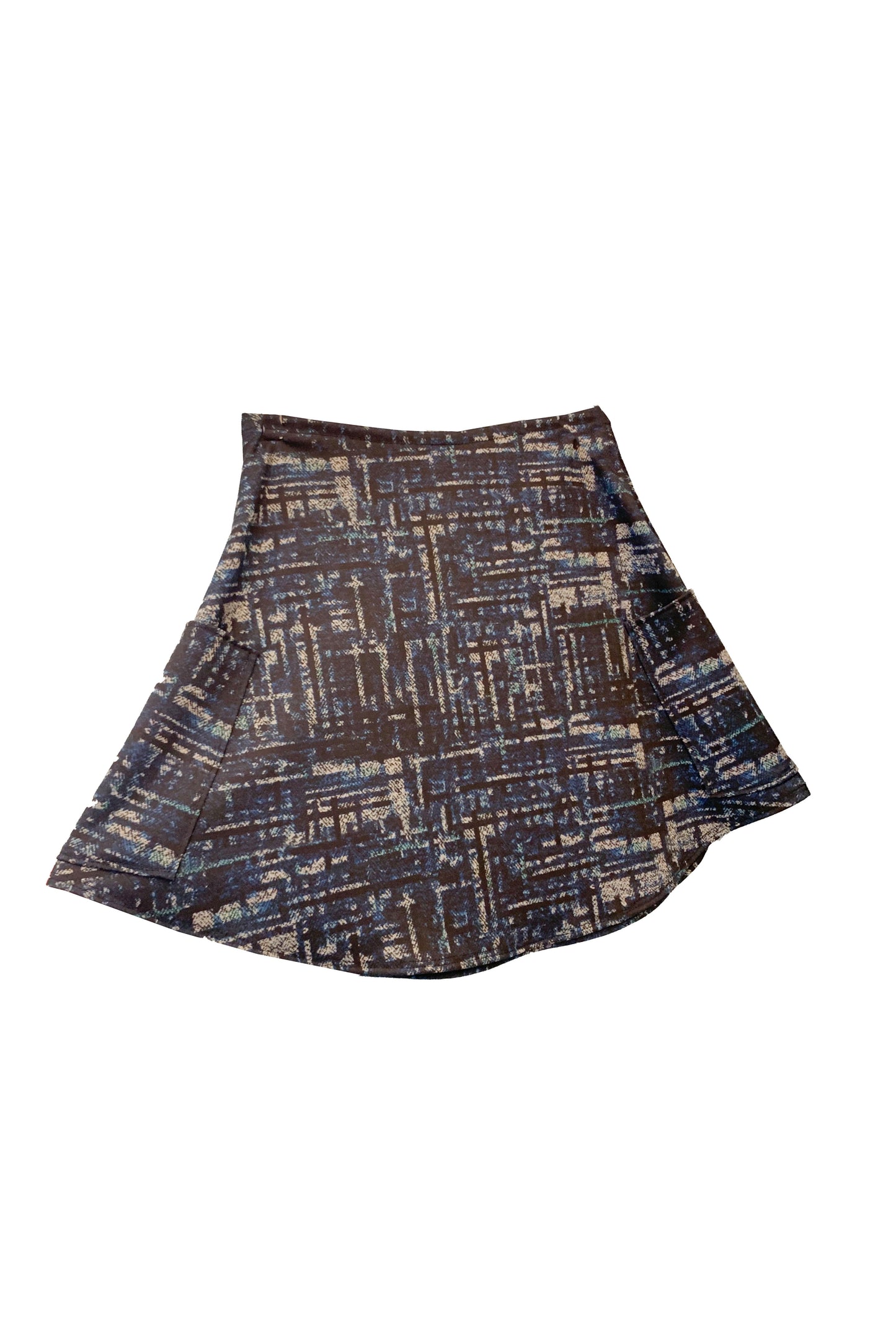 Short Two-Pocket Skirt (2024) by SI Design, Blue hatch pattern, A-line, elastic waist, above the knee, two pouch pockets, sizes S-L, made in Quebec