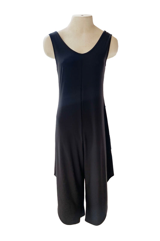 Mira Jumpsuit by Compli K, Black, sleeveless, wide straps, round V-neck front and back, harem legs, cropped angled hems, sizes XS to XXL, made in Montreal 