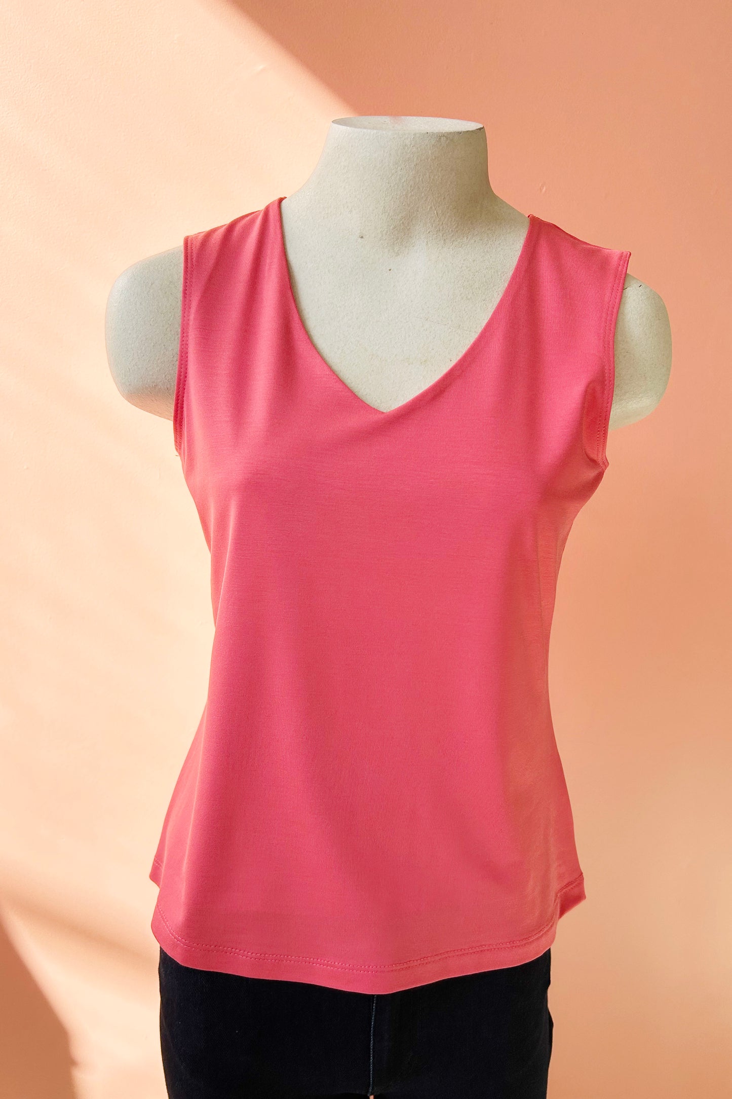 Enjoy Cami by Luc Fontaine, Pink, wide straps, V-neck, front has a double layer of fabric, slightly relaxed fit, sizes 4-16, made in Montreal 