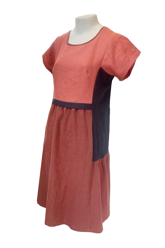 Alexis Dress by Solomia, Orange/Brown, round neck, short sleeves, above the knee length, colour-blocked, darts at bust, gathers at waist and sides, pockets on front seams, eco-fabric, 100% linen, sizes S to XL, made in Carleton Place