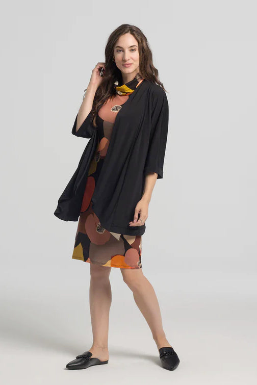 Strom Vest by Kollontai, Black, open cardigan, shawl collar, 3/4 sleeves, lightweight, sizes XS to XL, made in Montreal