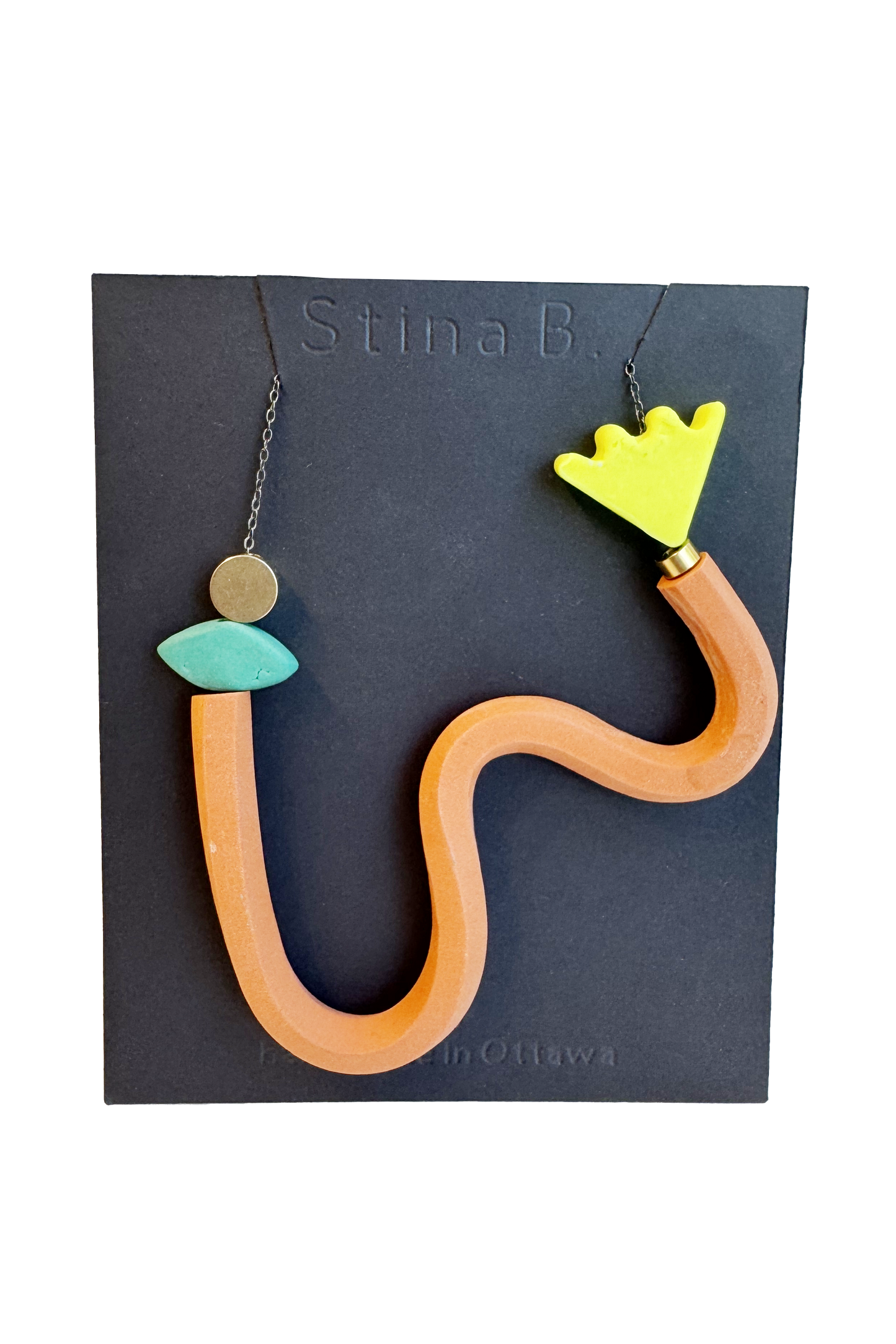 Green/ Terracotta /Neon Yellow - Abstract Polymer Clay & Brass Necklace