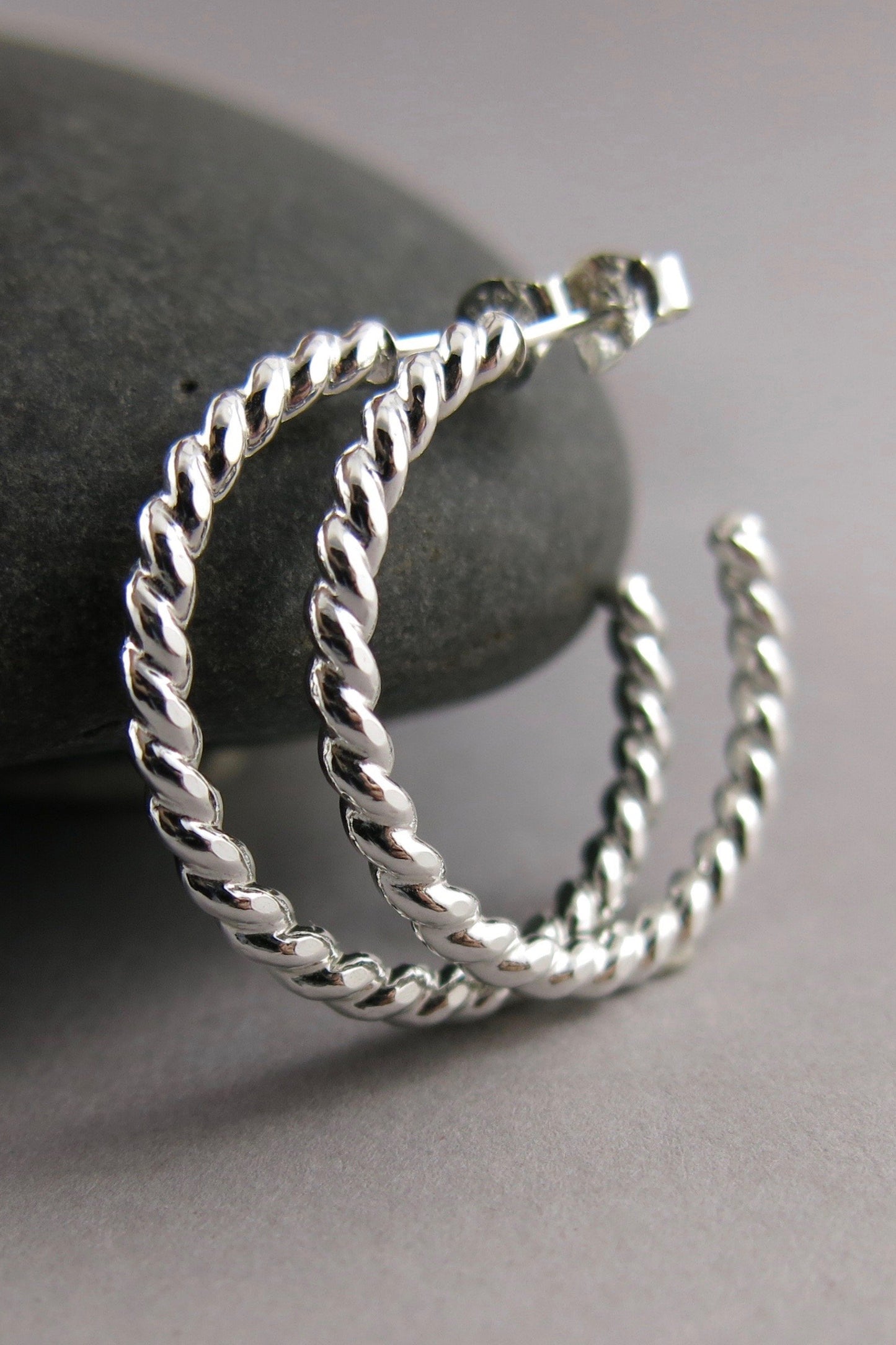 Open Hoop Stud Earrings • Sterling Silver Twisted Hoops