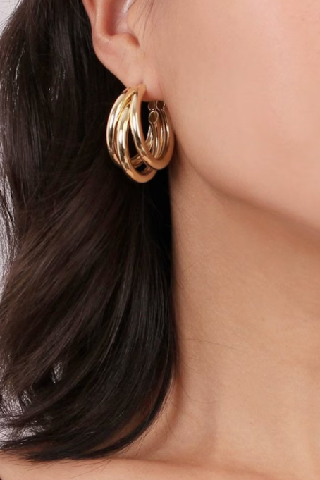 Triple Medium High Shine Steel Hoop Earring
