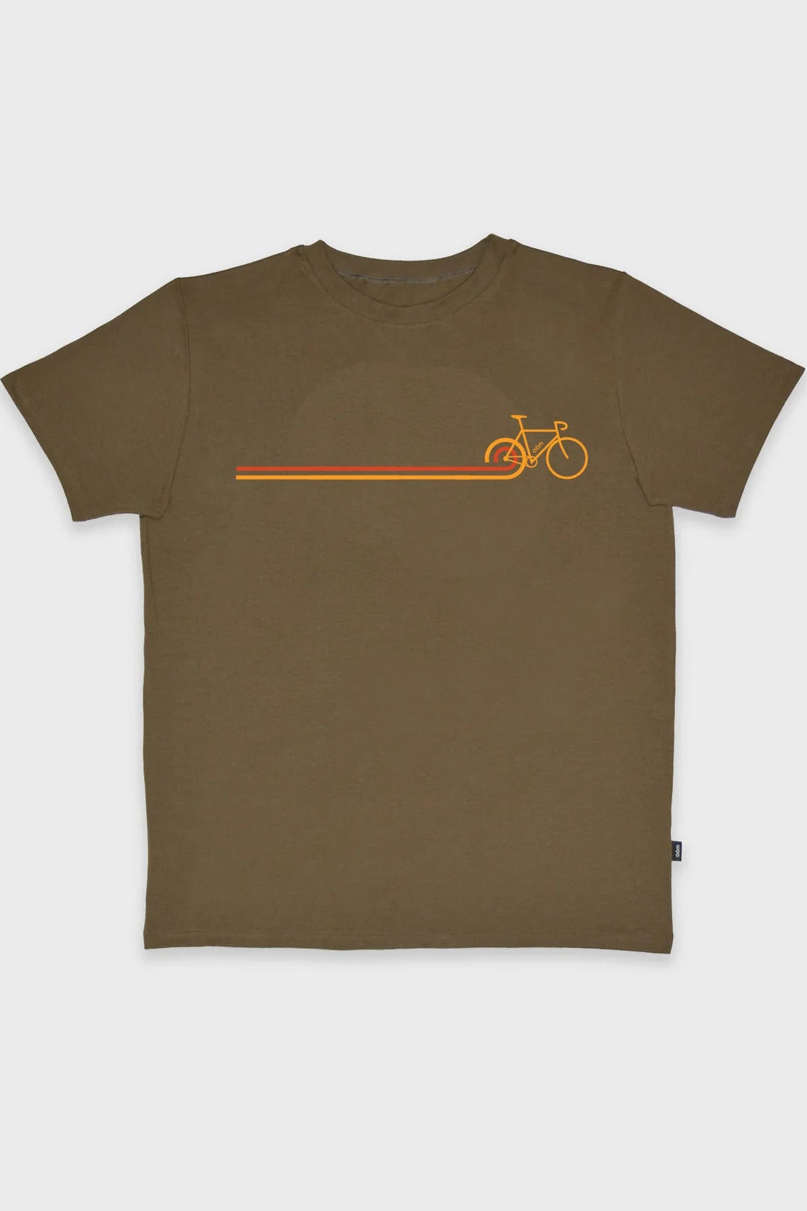 The Disco Bike T-shirt by Message Factory in Nutmeg, featuring a retro-inspired cycling logo in orange and yellow, is shown against a white background. 