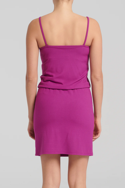 Damia Dress by Kollontai, Amethyst, back view, tank dress, spaghetti straps, bloused effect at waist, elastic waist, straight above the knee skirt, front slant pockets, bamboo rib knit, eco-fabric, sizes XS to XL, made in Montreal 