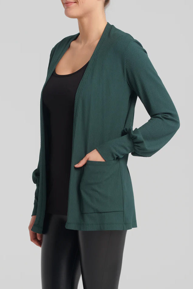 Tamesis Cardigan by Kollontai, Forest, long open cardigan, ribbed knit bamboo fabric, full sleeves with puff detail at the cuffs, large patch pockets, sizes XS to XXL, made in Montreal