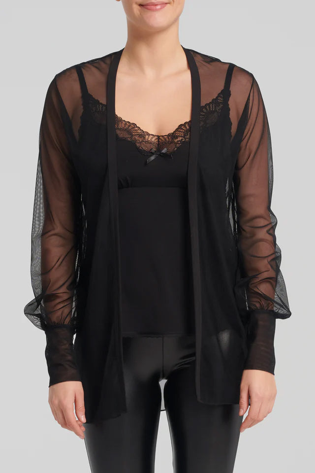 Theia Cardigan by Kollontai, Black, sheer open cardigan, long sleeves that puff and gather at the wrists, sizes XS to XXL, made in Montreal