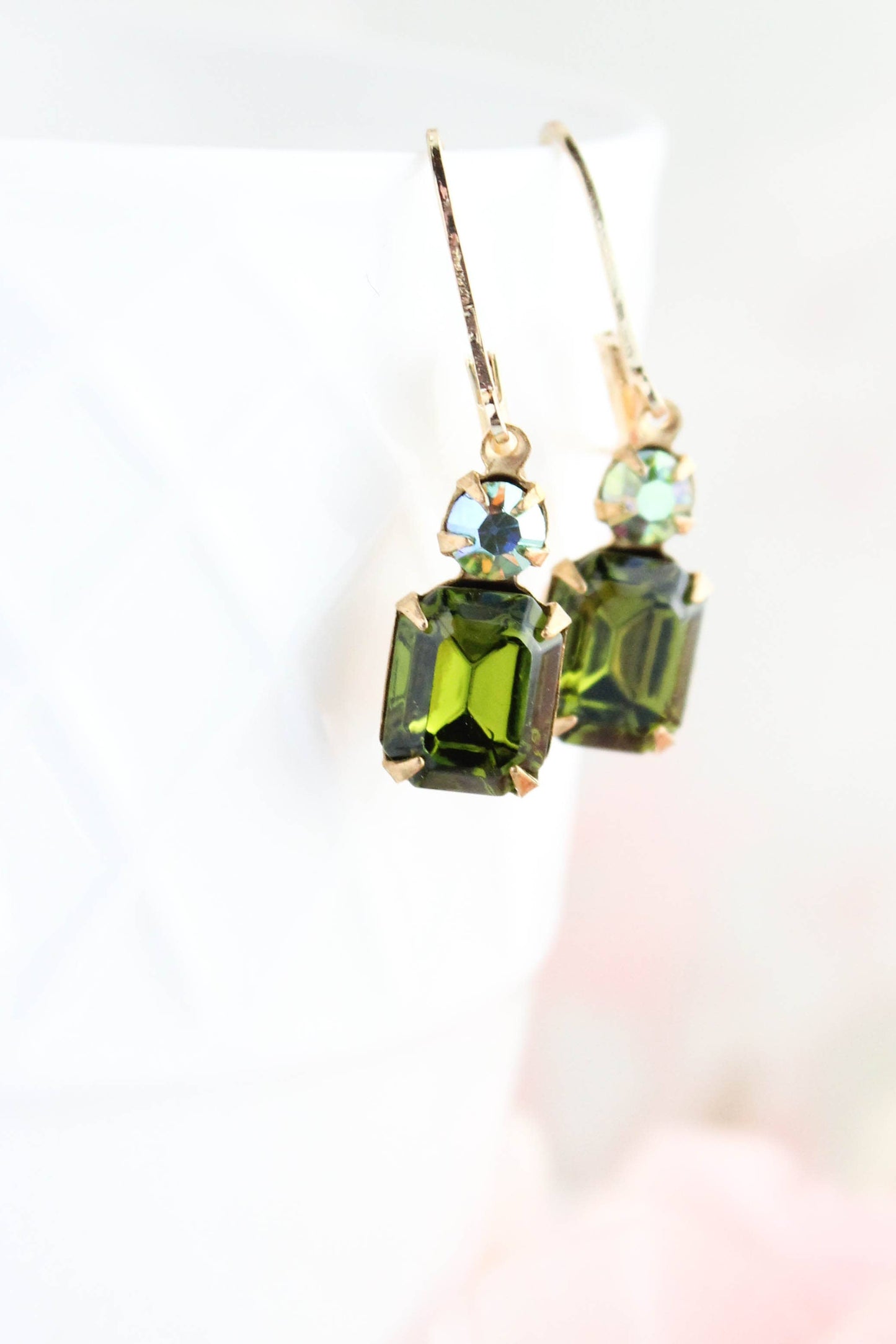 Small Drop Earrings | Olivine Green Glass and Gold Drops