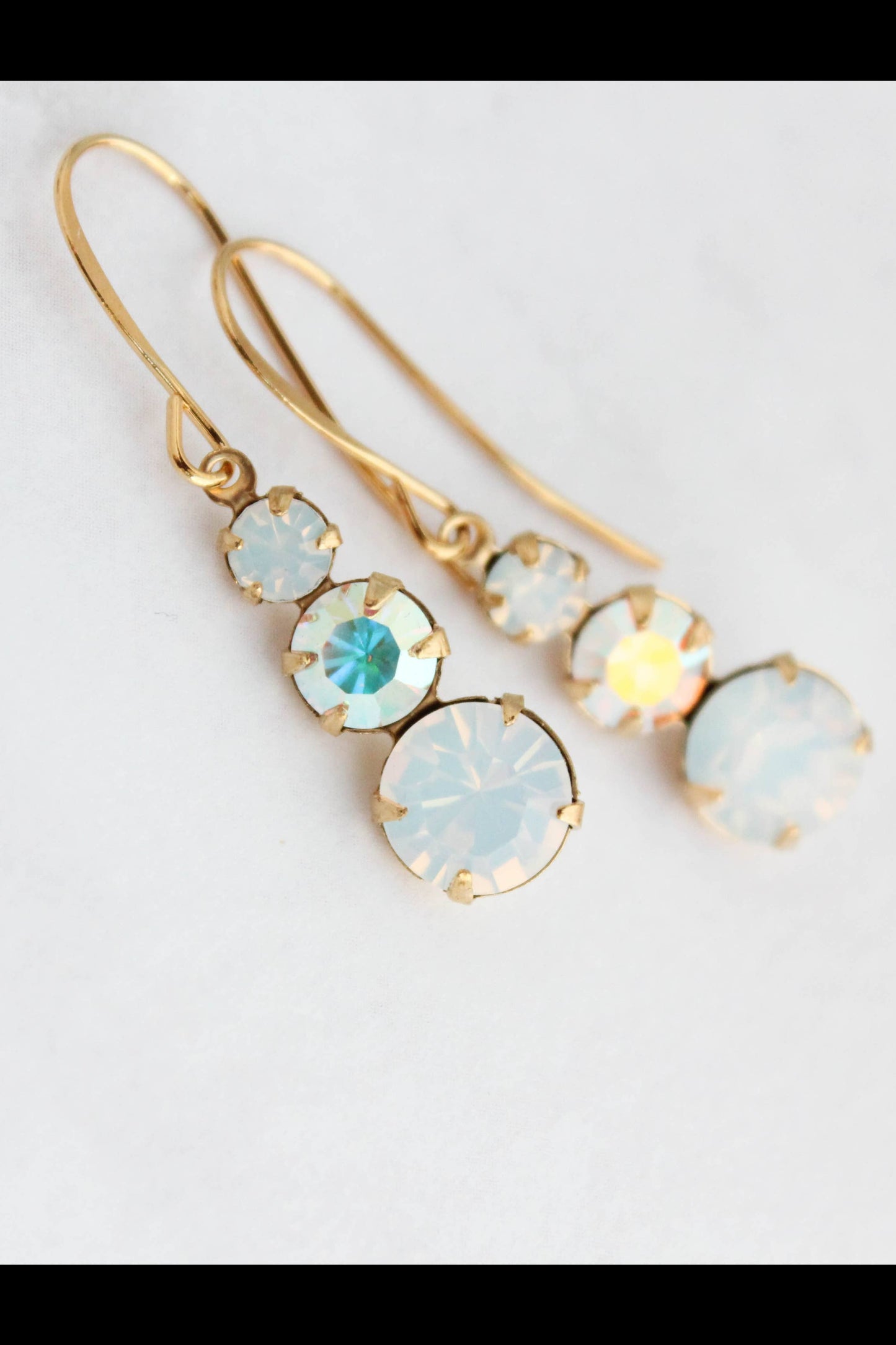 Vintage Glass Earrings - Three Jewel White Opal Glass