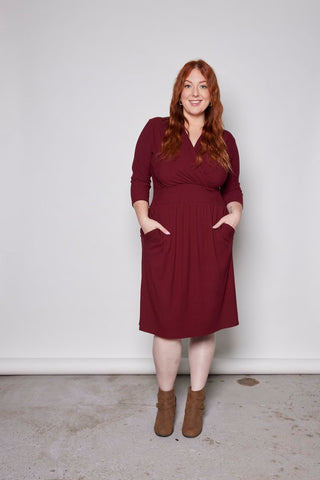 Camille Dress by Tangente, Bordeaux, ribbed bamboo rayon, crossover neckline, narrow waistband, ruching at shoulder, bodice, and skirt, sizes XS to XXL, made in Ottawa