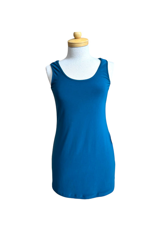 The Parker Tank Top by Compli K in Teal, a long tank with wide straps and a scoop neck, is shown on a mannequin against a white background.