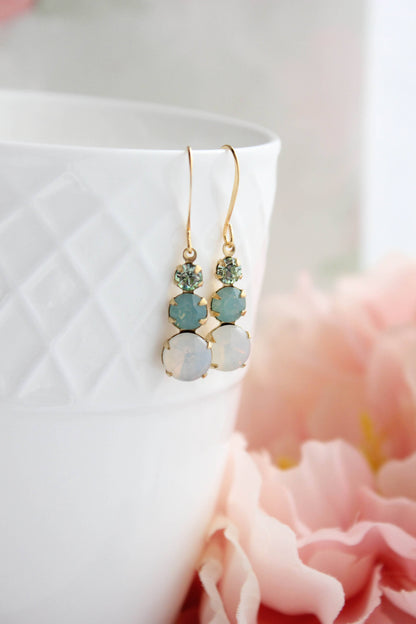 Vintage Glass Earrings - Three Jewel Aqua and Opal Glass