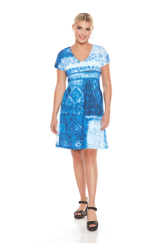 Jema Dress by Yul Voy, Blue Tie Dye, V-neck, fit and flare, above the knee length, sizes XS to XXL, made in Montreal 