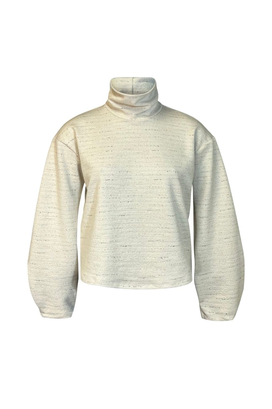 The Nathalie Top by Melow in Ivory, a relaxed fitting turtleneck with long barrel sleeves and a speckled texture, is shown against a white background. 