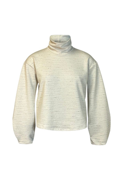 The Nathalie Top by Melow in Ivory, a relaxed fitting turtleneck with long barrel sleeves and a speckled texture, is shown against a white background. 