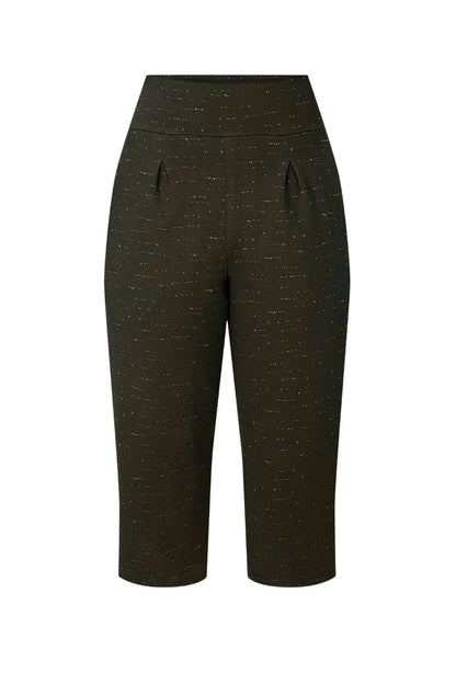 The Nathan Pants by Melow in Black speckled fabric, 7/8 length wide legged pants with a high pull-on waist band and front pleats, are shown against a white background. 