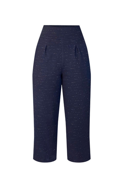 The Norbert Pants by Melow in Navy speckled fabric, high waisted pull-one pants with a straight full length leg, are shown against a white background 