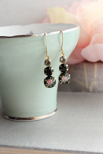 Vintage Glass Earrings - Three Jewel Black w/ Pink Rose
