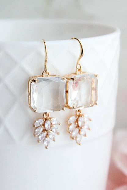 Art Deco Earrings | Square Jewel with Glass Leaf Drop