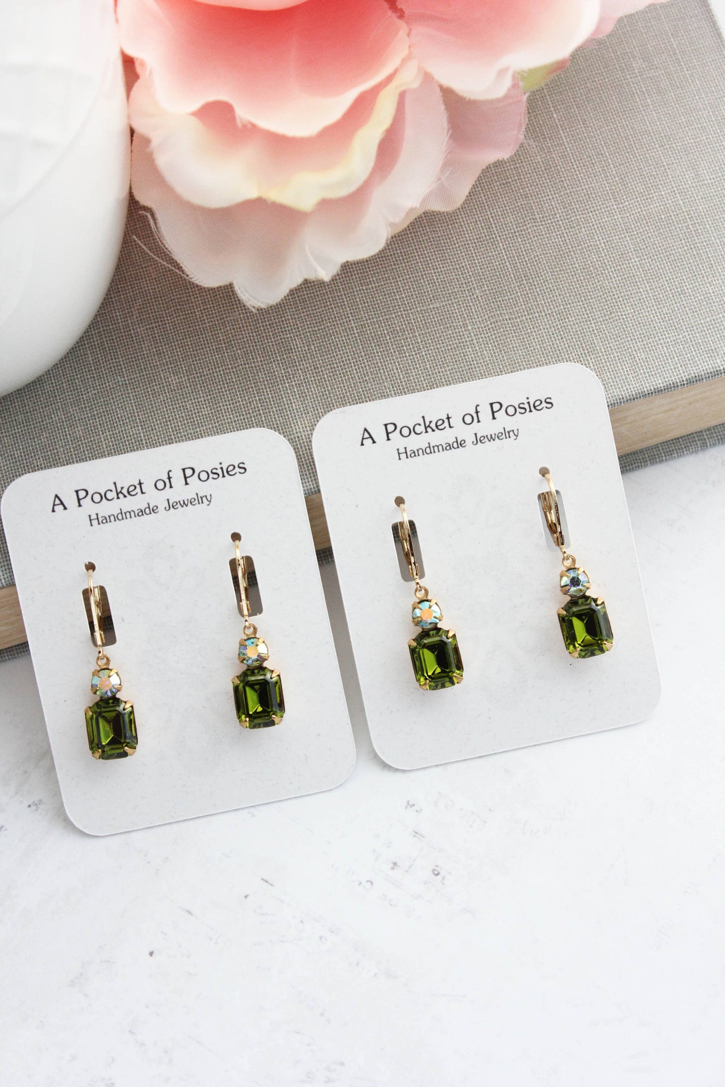 Small Drop Earrings | Olivine Green Glass and Gold Drops