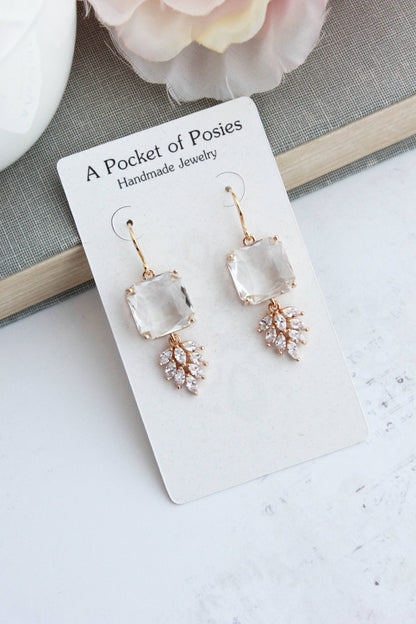 Art Deco Earrings | Square Jewel with Glass Leaf Drop