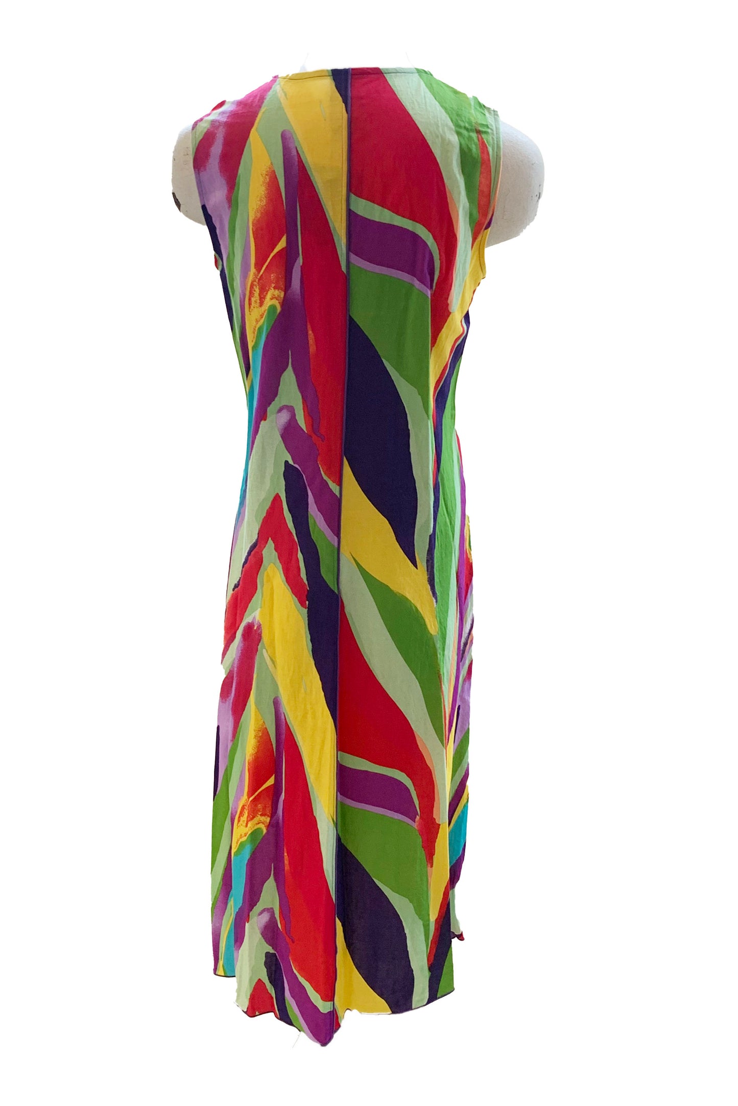A back view of the Clara Dress by Pure Essence in Multicolour is shown on a mannequin in front of a white background 