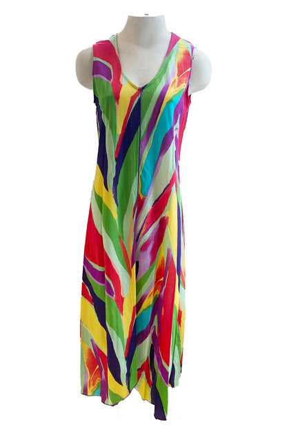 The Clara Dress by Pure Essence in Multicolour is shown on a mannequin in front of a white background 