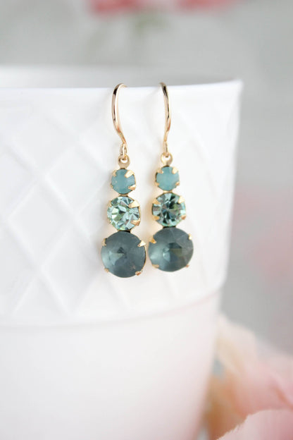 Vintage Glass Earrings - Three Jewel Peacock Green and Blue