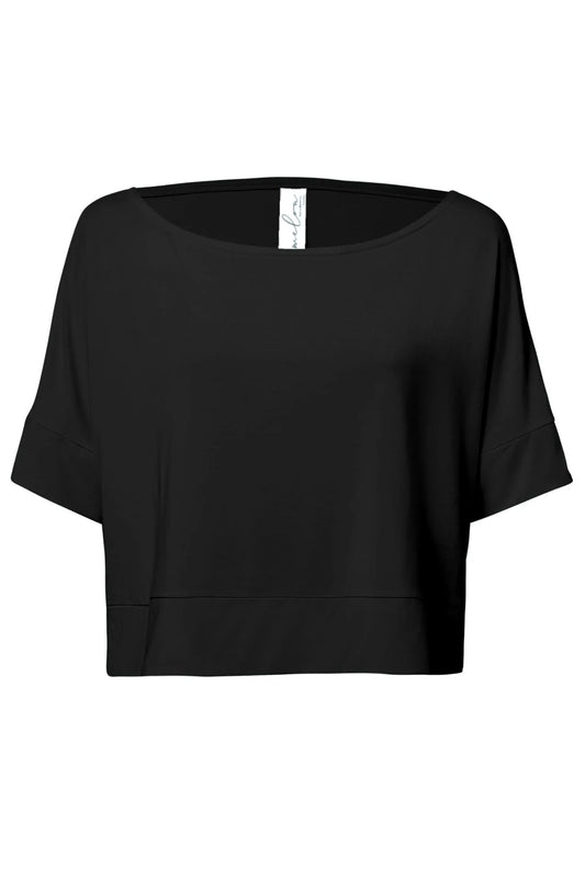 Aragon Crop Top by Melow, Black, boat neck, kimono sleeves, slits at sleeves and sides, eco-fabric, bamboo, OEKO-TEX certified, sizes XS to XL, made in Quebec