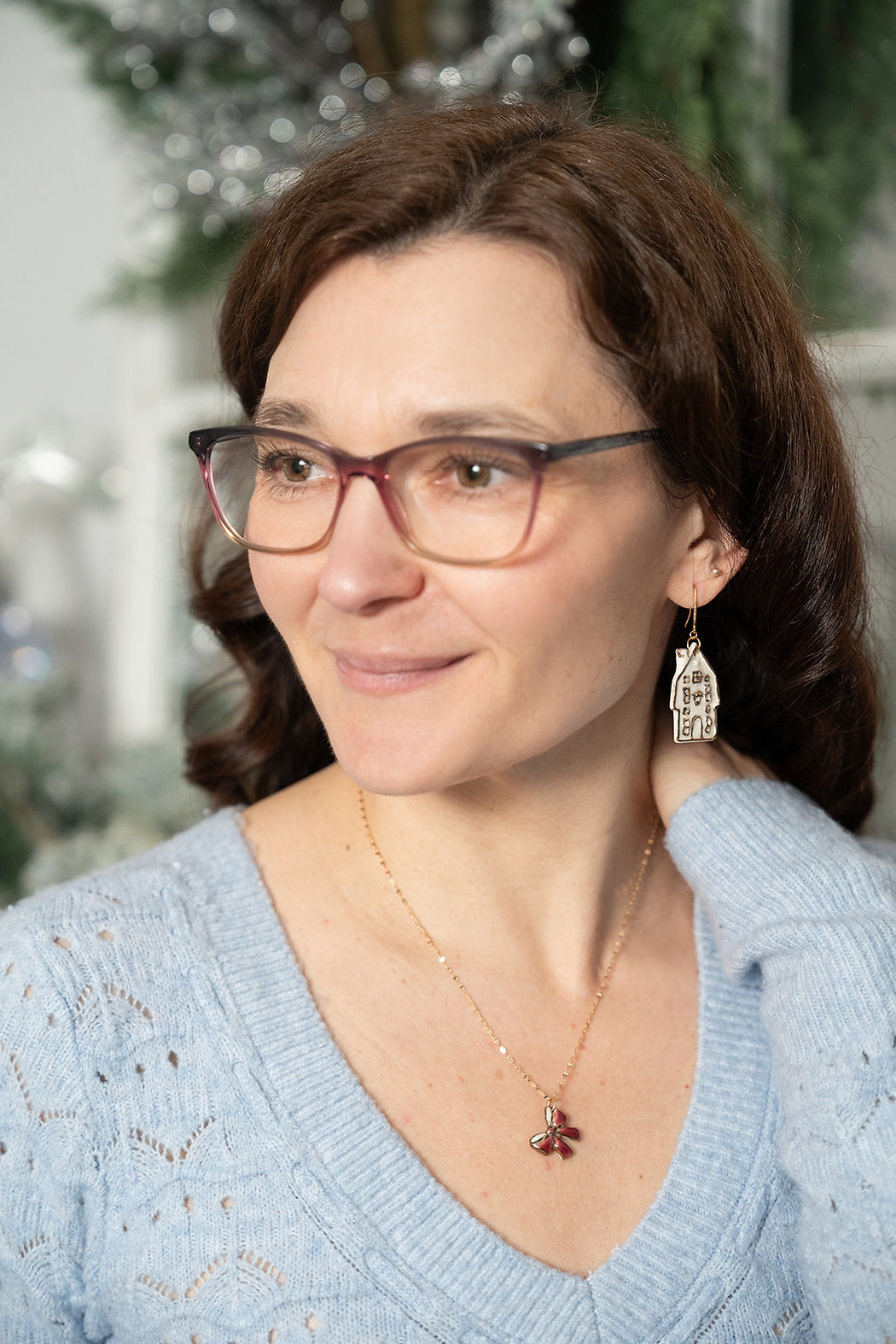 White & Gold House Dangle Earrings