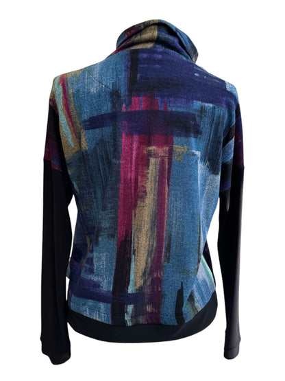 A back view of the Payton Top by Compli K in Blue and Berry Abstract print, with a cowl neck, drop sleeves, and drawstring waist, is shown on a mannequin in front of a white background. 