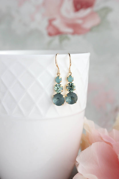 Vintage Glass Earrings - Three Jewel Peacock Green and Blue