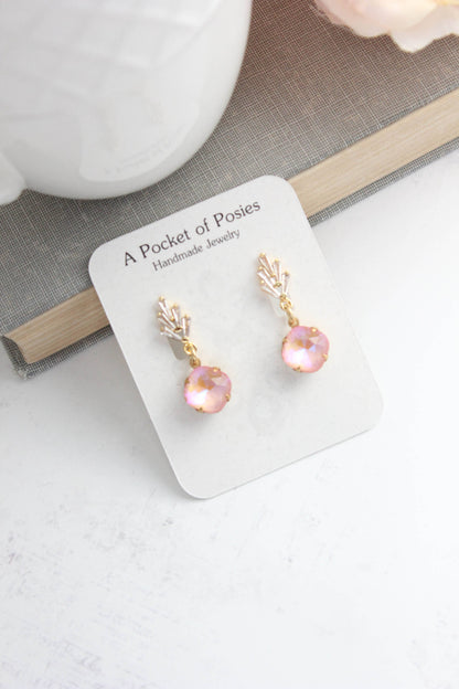 Art Deco Glass Leaf Post Earrings | Pastel Pink Glass Jewel