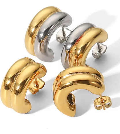 Puffy Double Hoop Earring- steel Gold Huggie 