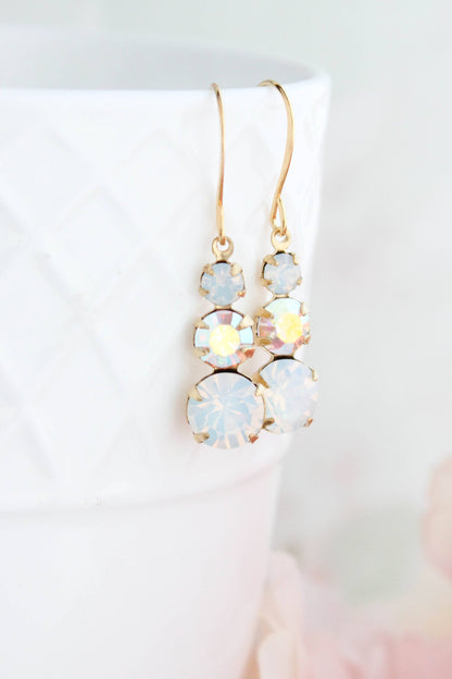 Vintage Glass Earrings - Three Jewel White Opal Glass