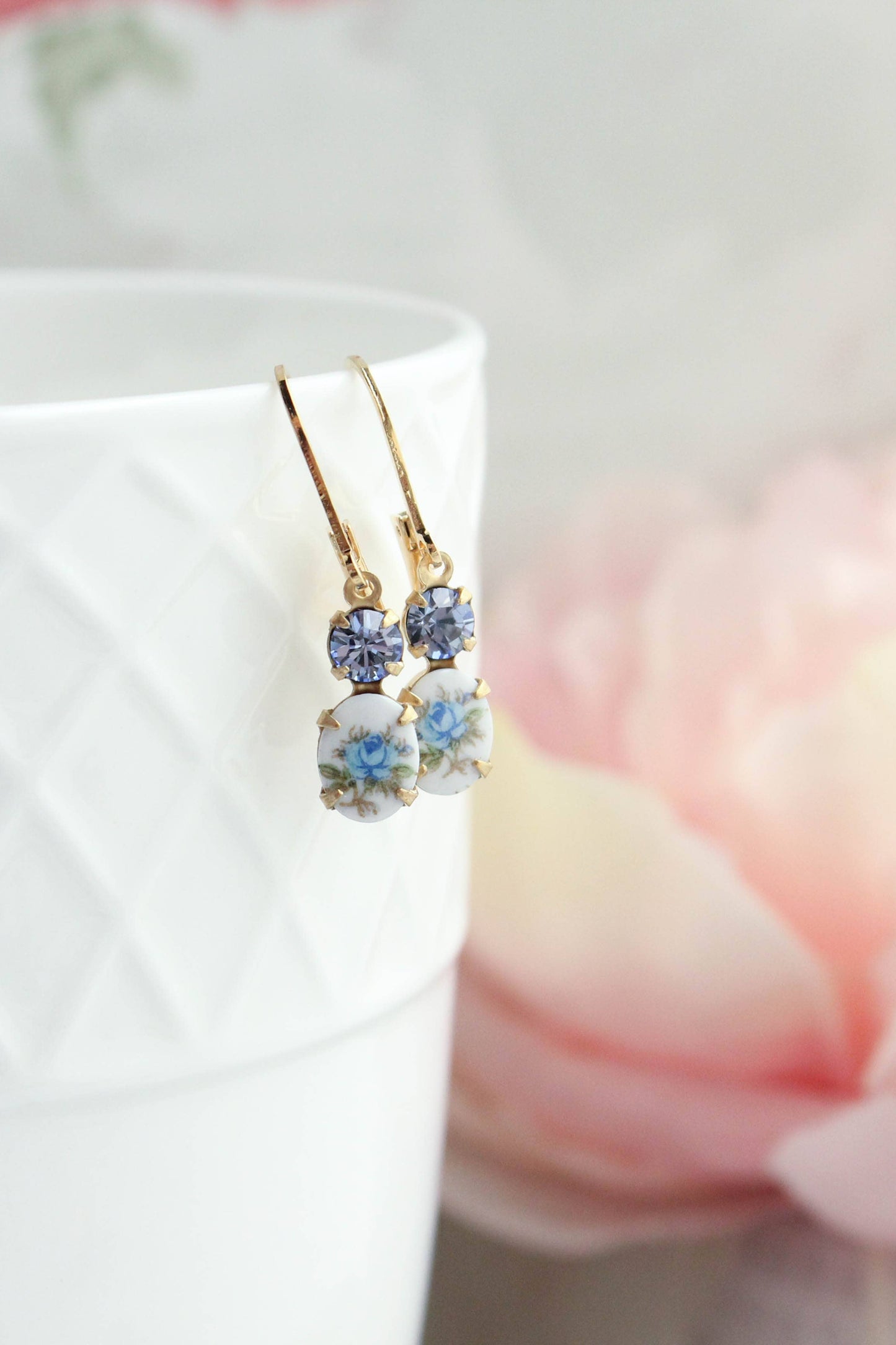 Little Blue Rose Cameo Earrings | Vintage Glass