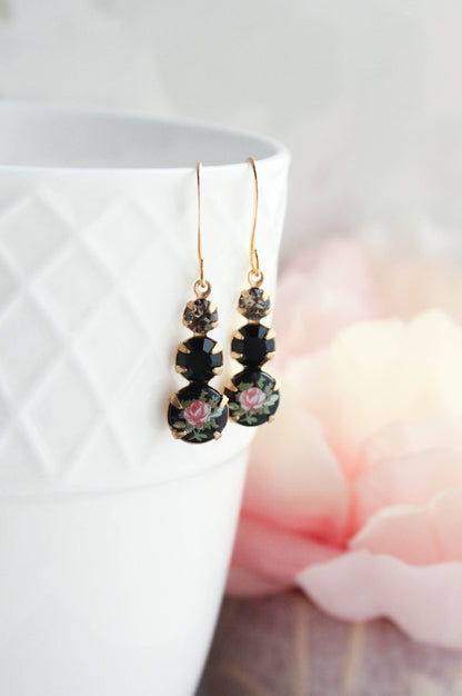 Vintage Glass Earrings - Three Jewel Black w/ Pink Rose