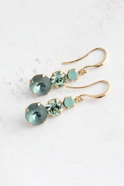 Vintage Glass Earrings - Three Jewel Peacock Green and Blue