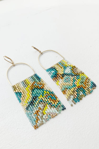 Teal Mustard and Cream Abstract Agate Fringe Earrings