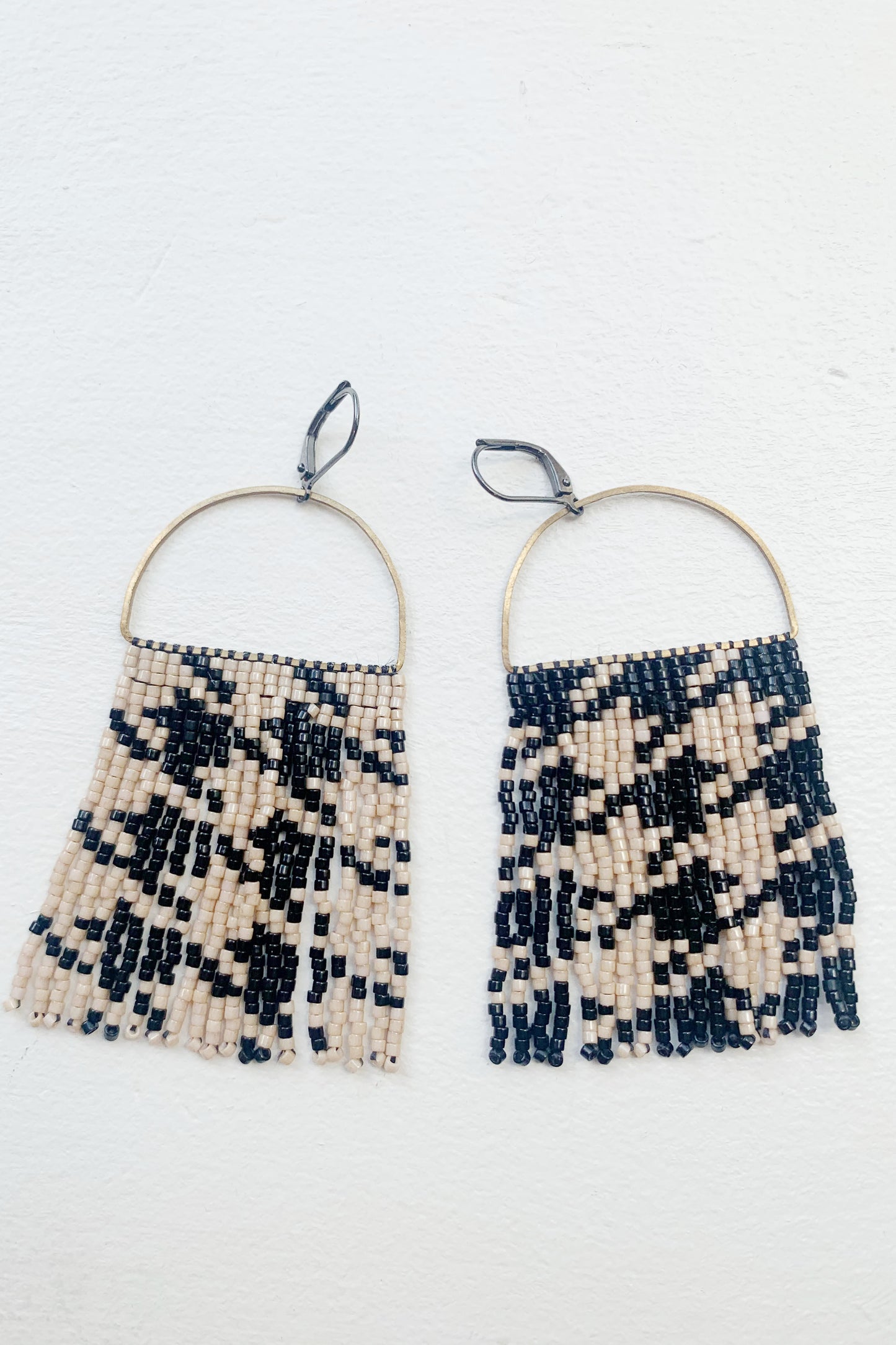 Black and Tan Houndstooth Beaded Fringe Earrings