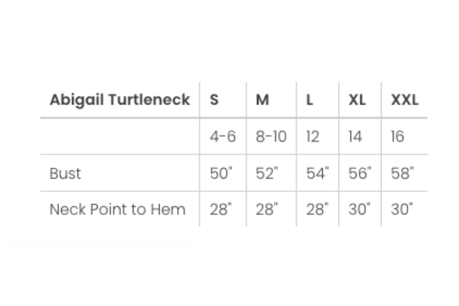 Abigail Turtleneck by Advika, Size Chart