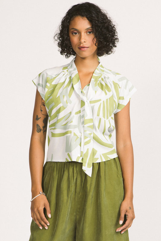 Isabeau Top by Allison Wonderland, Frond Leaf, large bow, short raglan sleeves, eco-fabric, Lenzing Ecovero Viscose, sizes 2-12, made in Vancouver 