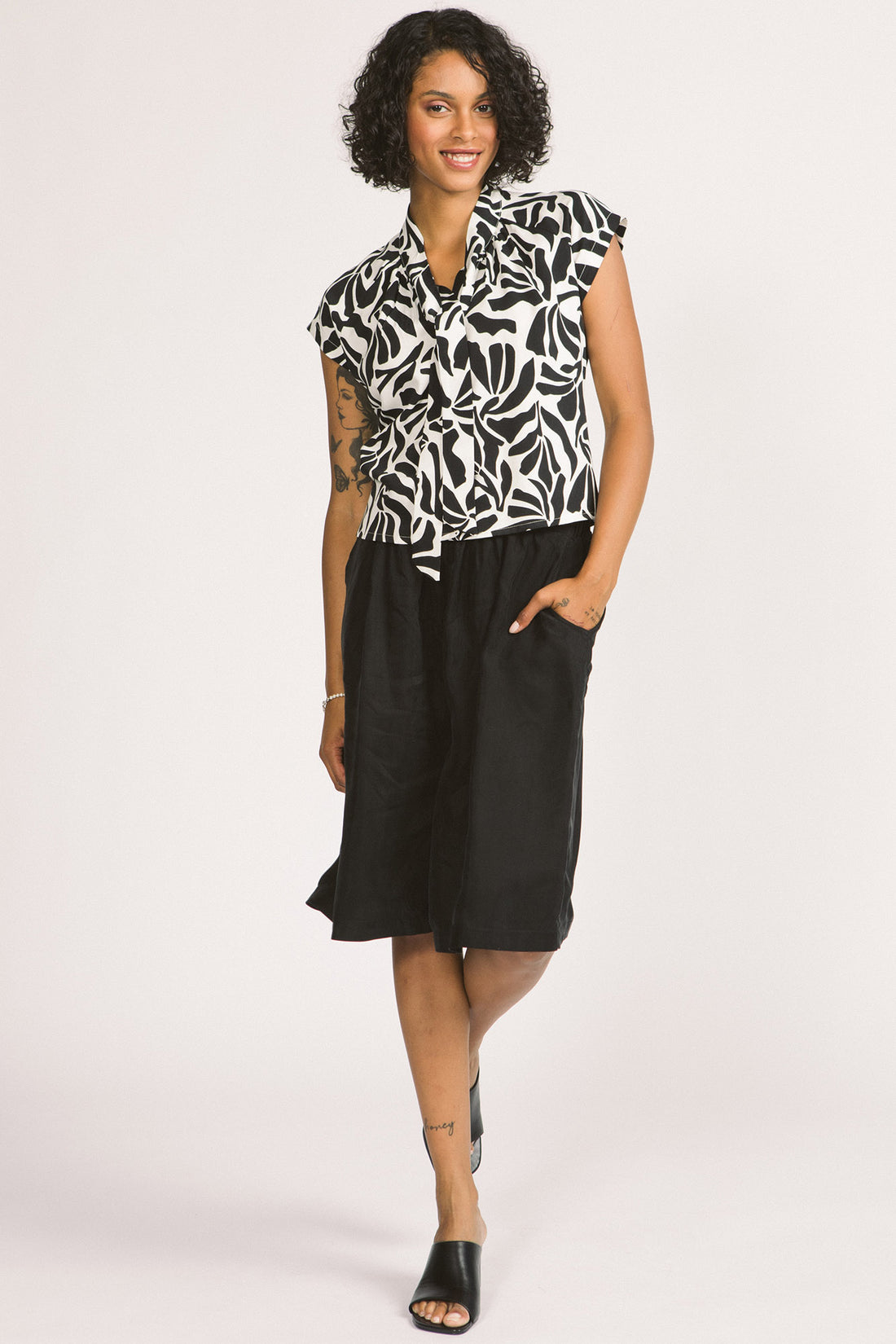 Isabeau Top by Allison Wonderland, Zebra Leaf, large bow, short raglan sleeves, eco-fabric, Lenzing Ecovero Viscose, sizes 2-12, made in Vancouver 