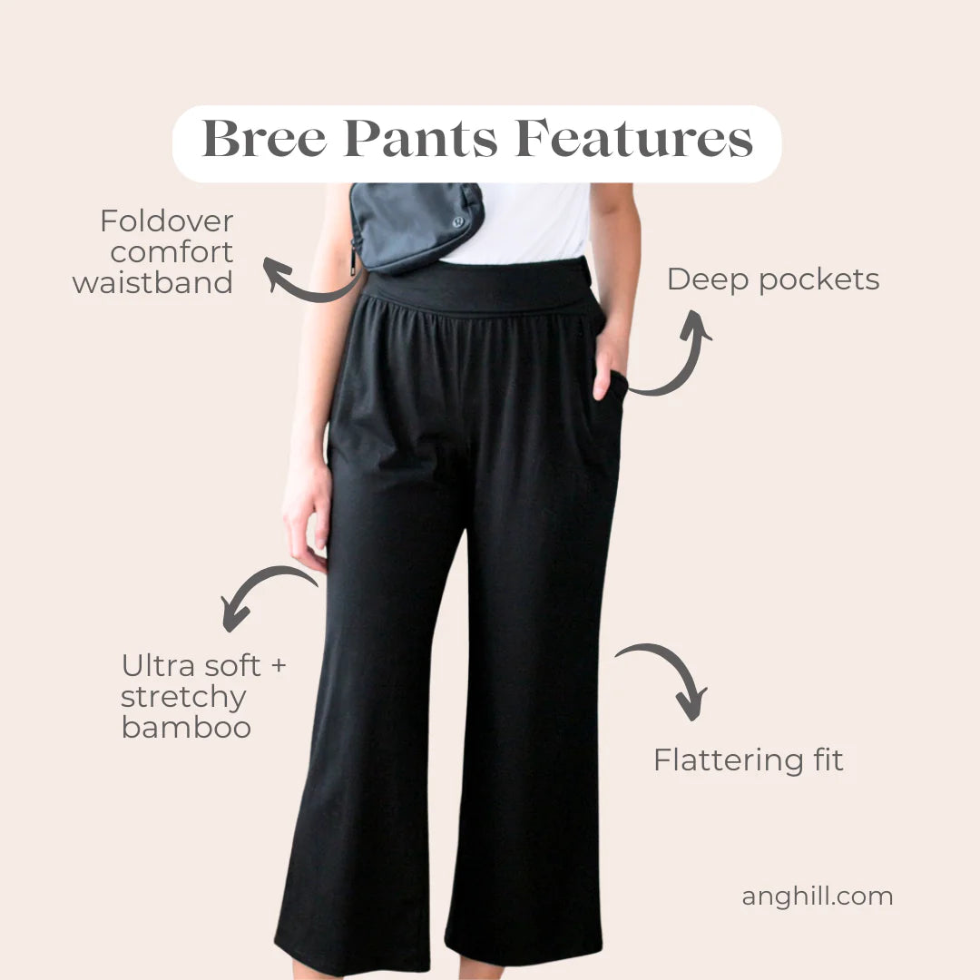 A graphic of a woman wearing the Bree Wide Leg Pants by Ang Hill in Black, with text explaining the features of the pants 