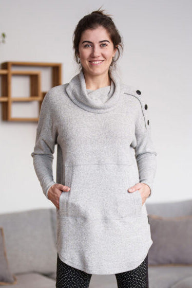 Avalanche Tunic by Rien ne se Perd, Light Grey, cowl neck, button detail on one shoulder, kangaroo pocket, rounded hem, sizes XS/S, M/L, XL/XXL, made in Quebec