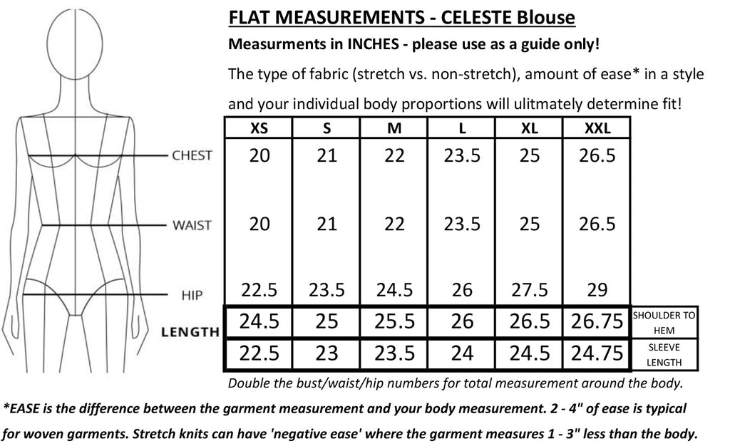 Celeste Gathered Blouse by Mandala, size chart